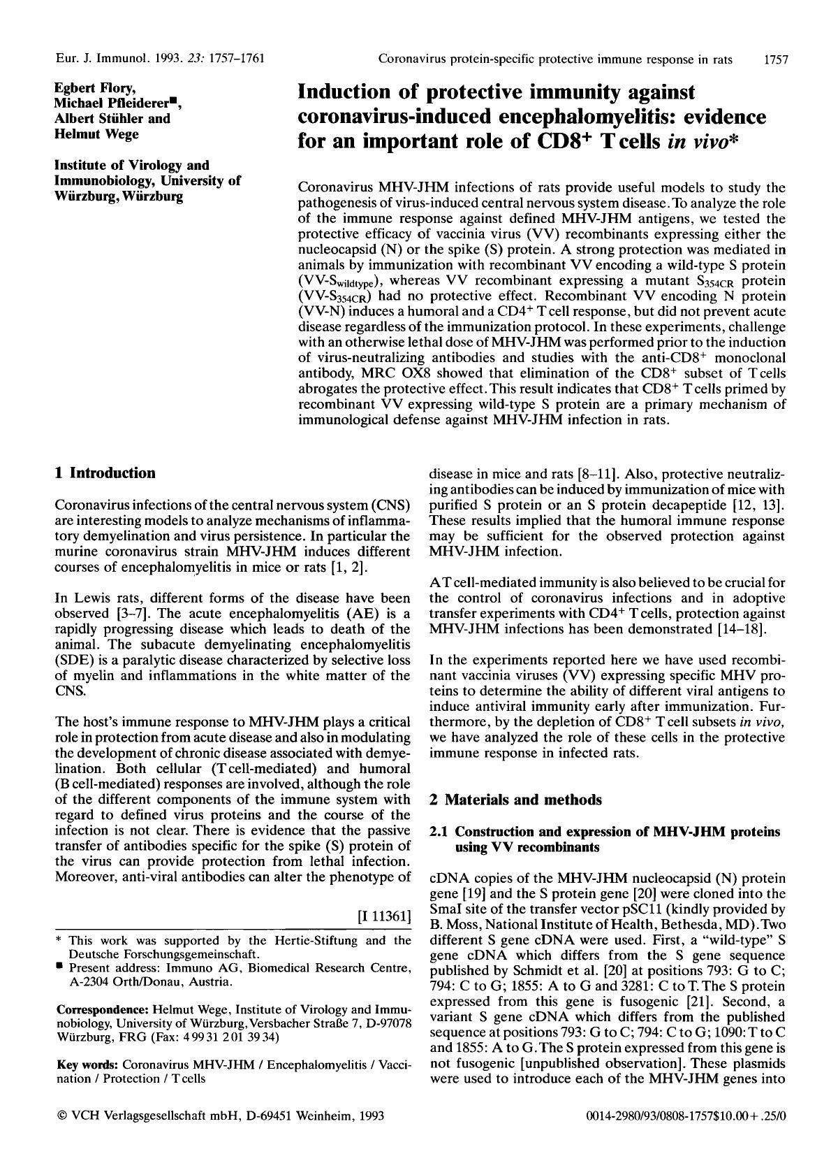 Induction of protective immunity against coronavirus-induced encephalomyelitis: Evidence for an important role of CD8+ T cells in vivo by Unknown