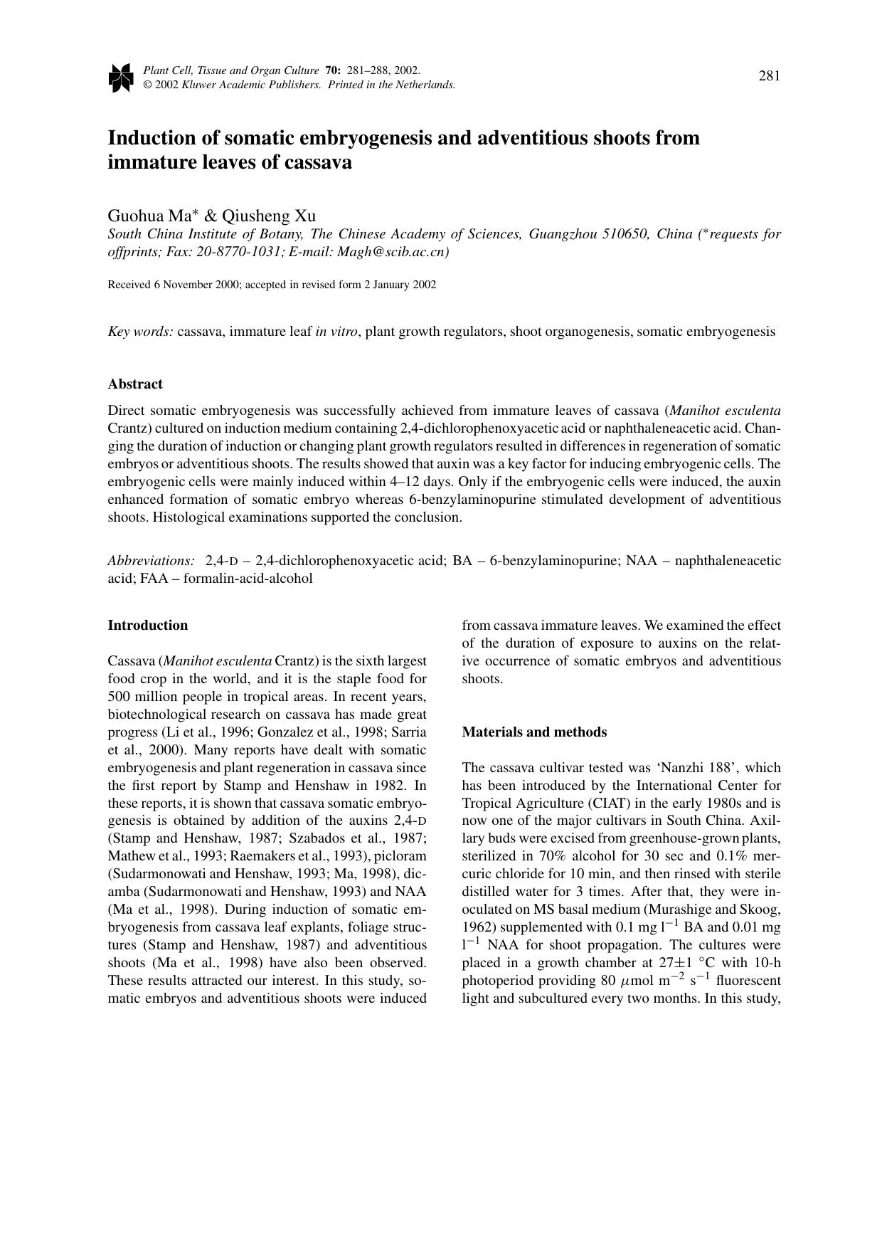Induction of somatic embryogenesis and adventitious shoots from immature leaves of cassava by Unknown