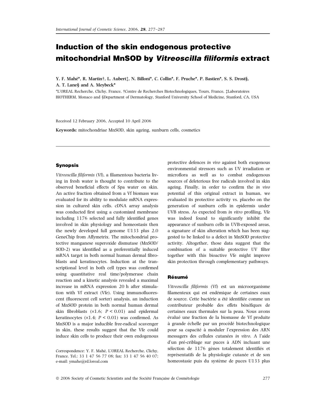 Induction of the skin endogenous protective mitochondrial MnSOD by Vitreoscilla filiformis extract by Unknown