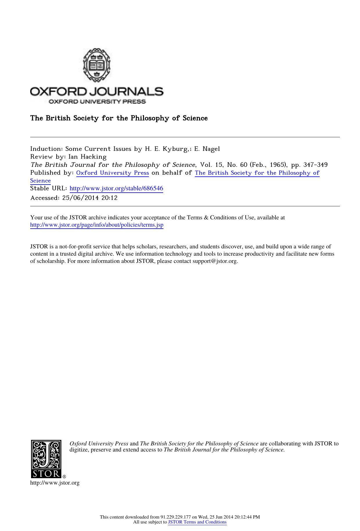 Induction: Some Current Issues by H. E. Kyburg,; E. Nagel by Induction Some Current Issues