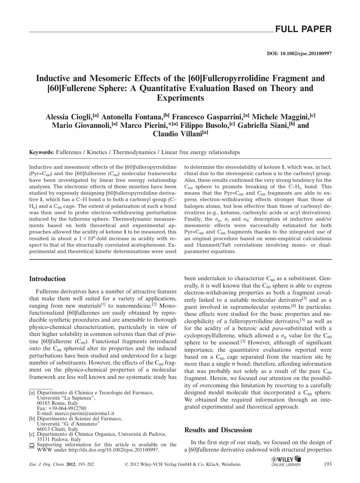 Inductive and Mesomeric Effects of the [60]Fulleropyrrolidine Fragment and [60]Fullerene Sphere: A Quantitative Evaluation Based on Theory and Experiments by Unknown