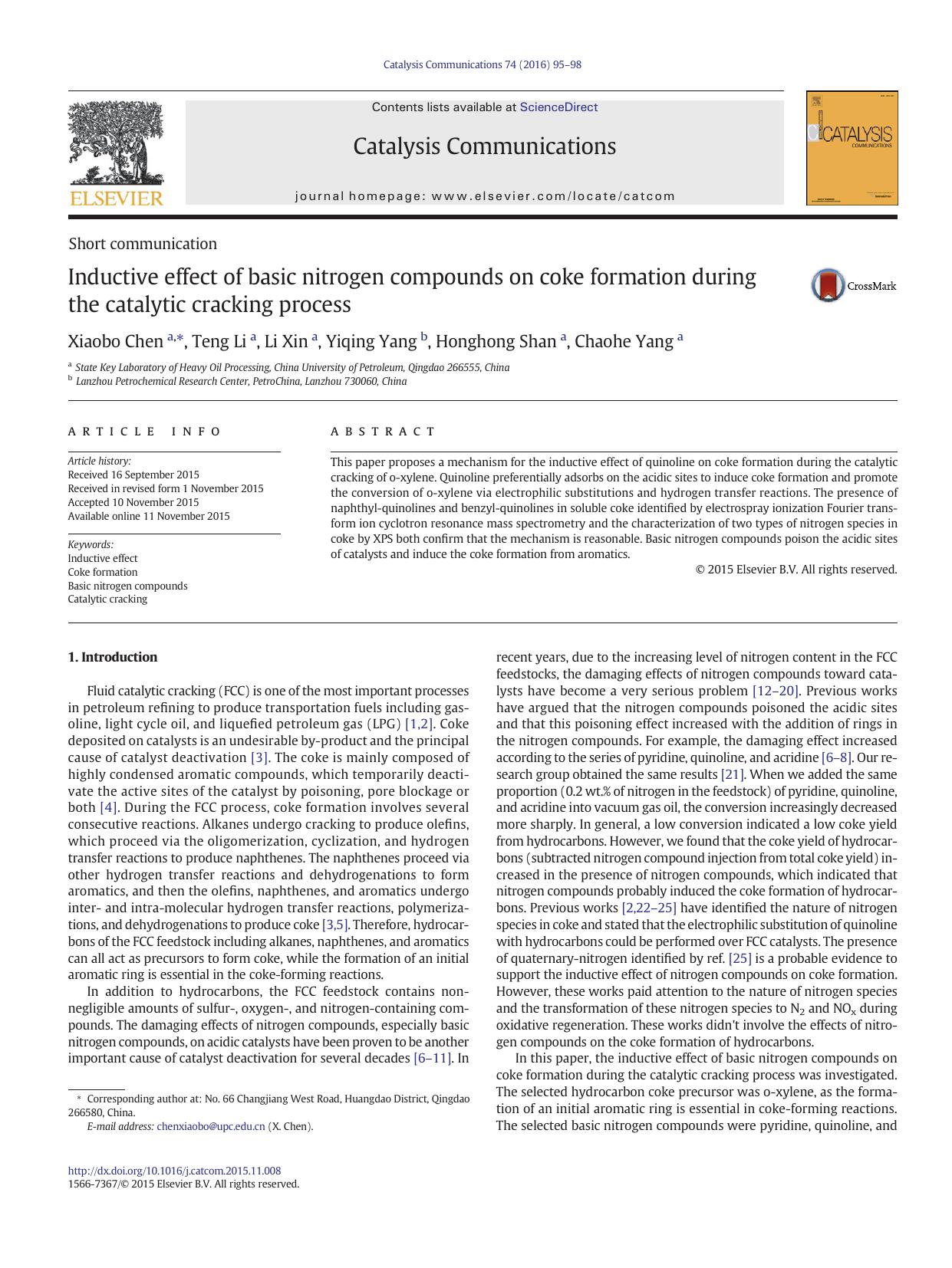Inductive effect of basic nitrogen compounds on coke formation during the catalytic cracking process by Xiaobo Chen & Teng Li & Li Xin & Yiqing Yang & Honghong Shan & Chaohe Yang