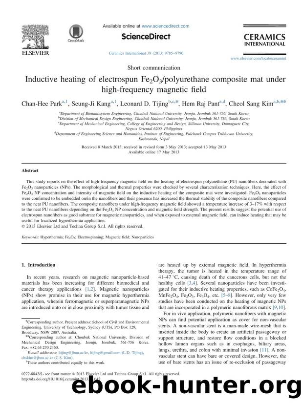 Inductive heating of electrospun Fe2O3polyurethane composite mat under high-frequency magnetic field by Chan-Hee Park & Seung-Ji Kang & Leonard D. Tijing & Hem Raj Pant & Cheol Sang Kim