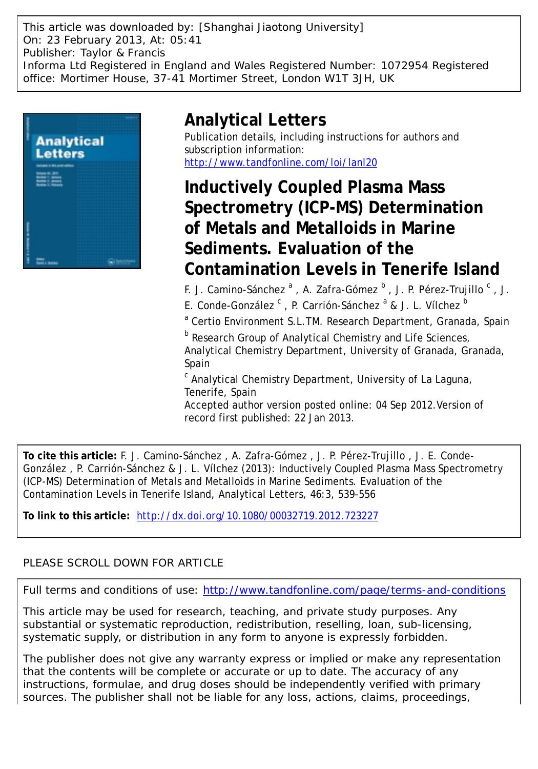 Inductively Coupled Plasma Mass Spectrometry (ICP-MS) Determination of Metals and Metalloids in Marine Sediments. Evaluation of the Contamination Levels in Tenerife Island by unknow