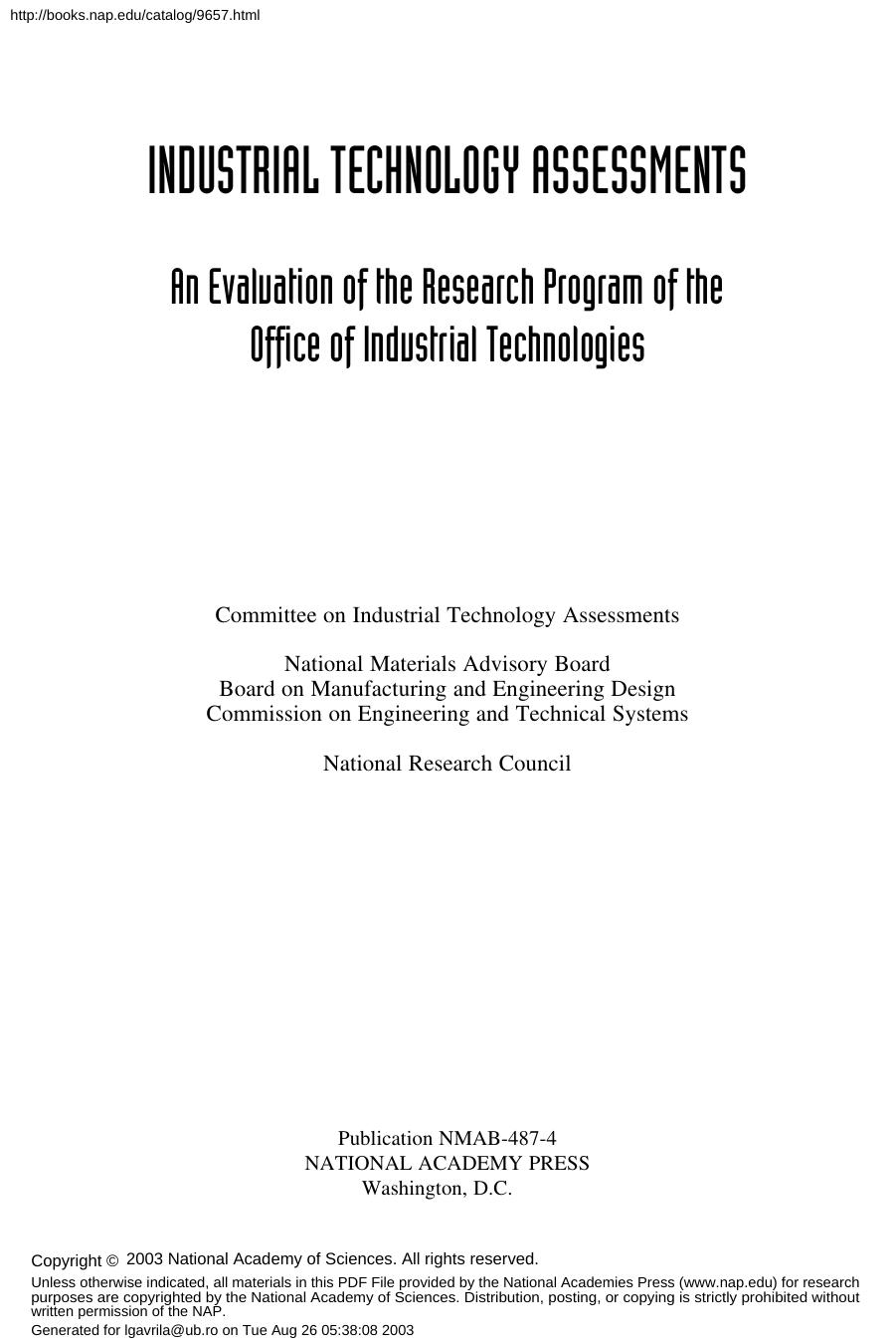 Industrial Technology Assessments: An Evaluation of the Research Program of the Office of Industrial Technologies by unknow