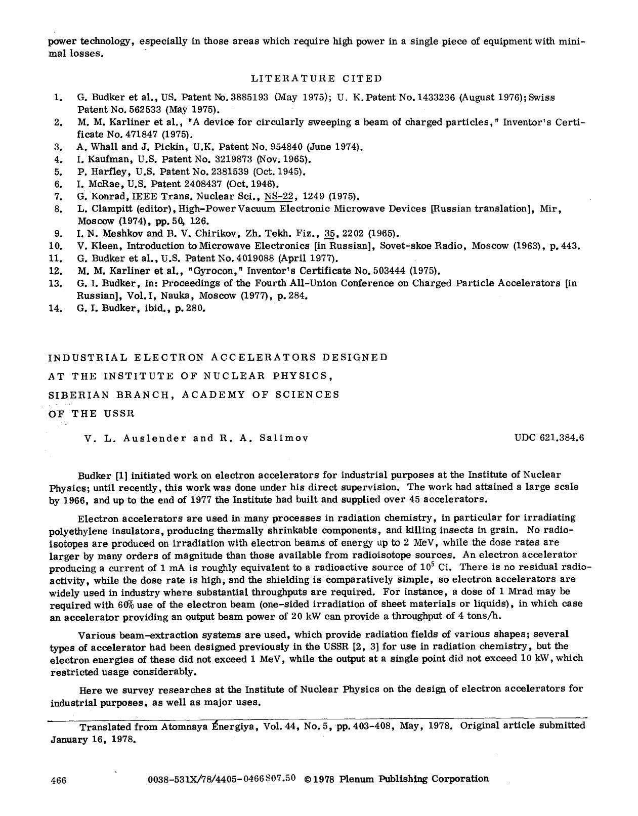 Industrial electron accelerators designed at the institute of nuclear physics, siberian branch, Academy of Sciences of the USSR by Unknown