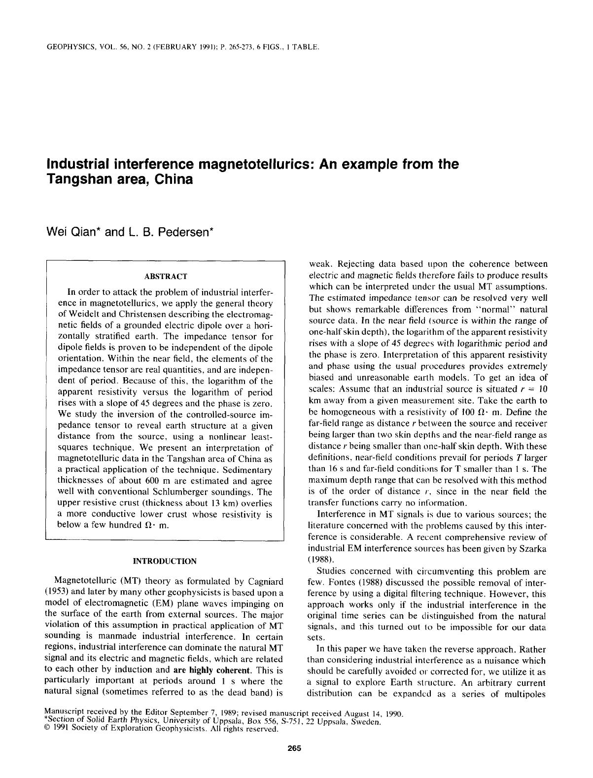 Industrial interference magnetotellurics: An example from the Tangshan area, China by Qian W.; Pedersen L. B