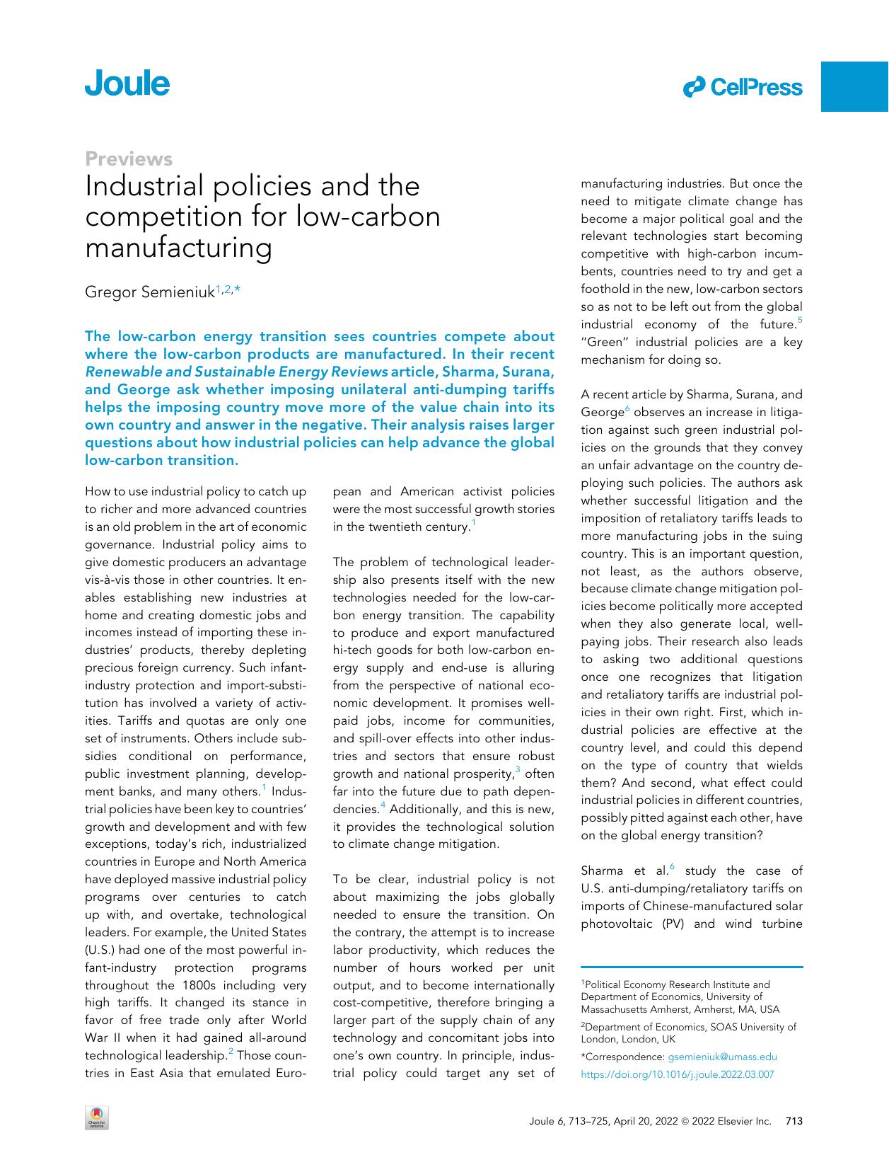 Industrial policies and the competition for low-carbon manufacturing by Gregor Semieniuk