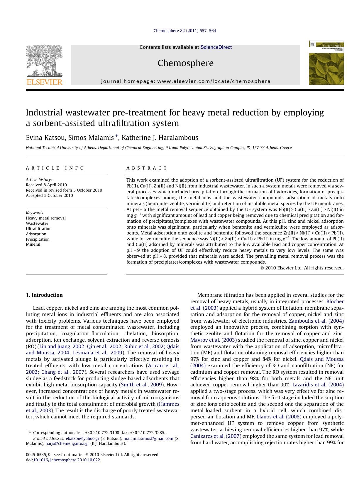 Industrial wastewater pre-treatment for heavy metal reduction by employing a sorbent-assisted ultrafiltration system by Evina Katsou & Simos Malamis & Katherine J. Haralambous
