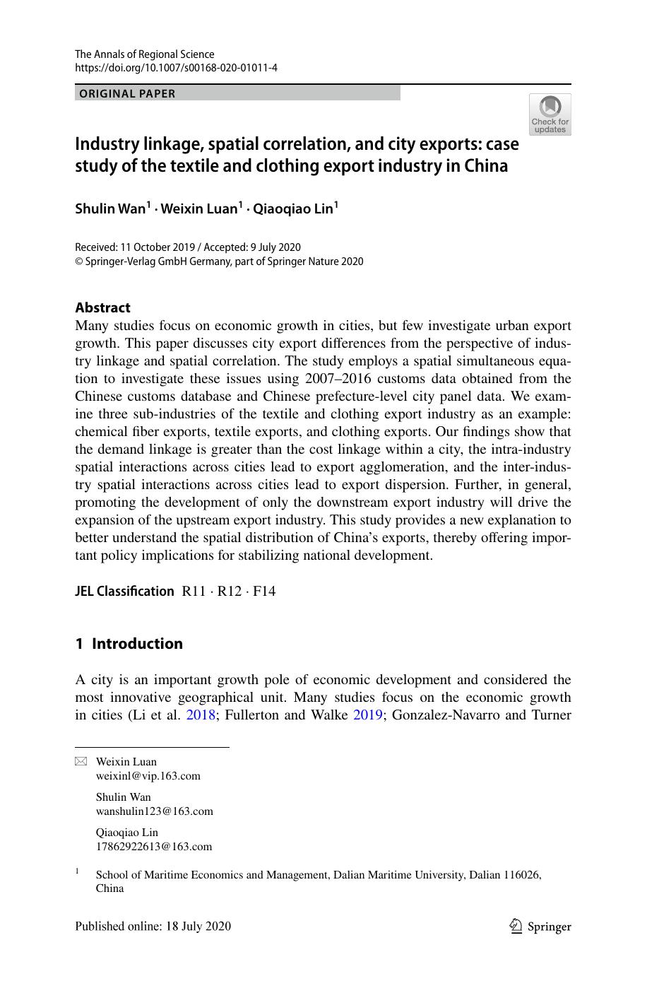 Industry linkage, spatial correlation, and city exports: case study of the textile and clothing export industry in China by Shulin Wan & Weixin Luan & Qiaoqiao Lin
