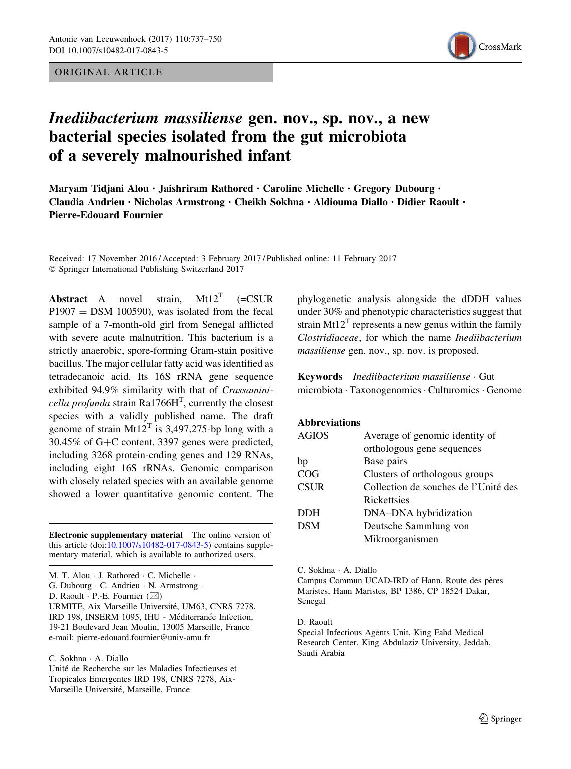 Inediibacterium massiliense gen. nov., sp. nov., a new bacterial species isolated from the gut microbiota of a severely malnourished infant by unknow