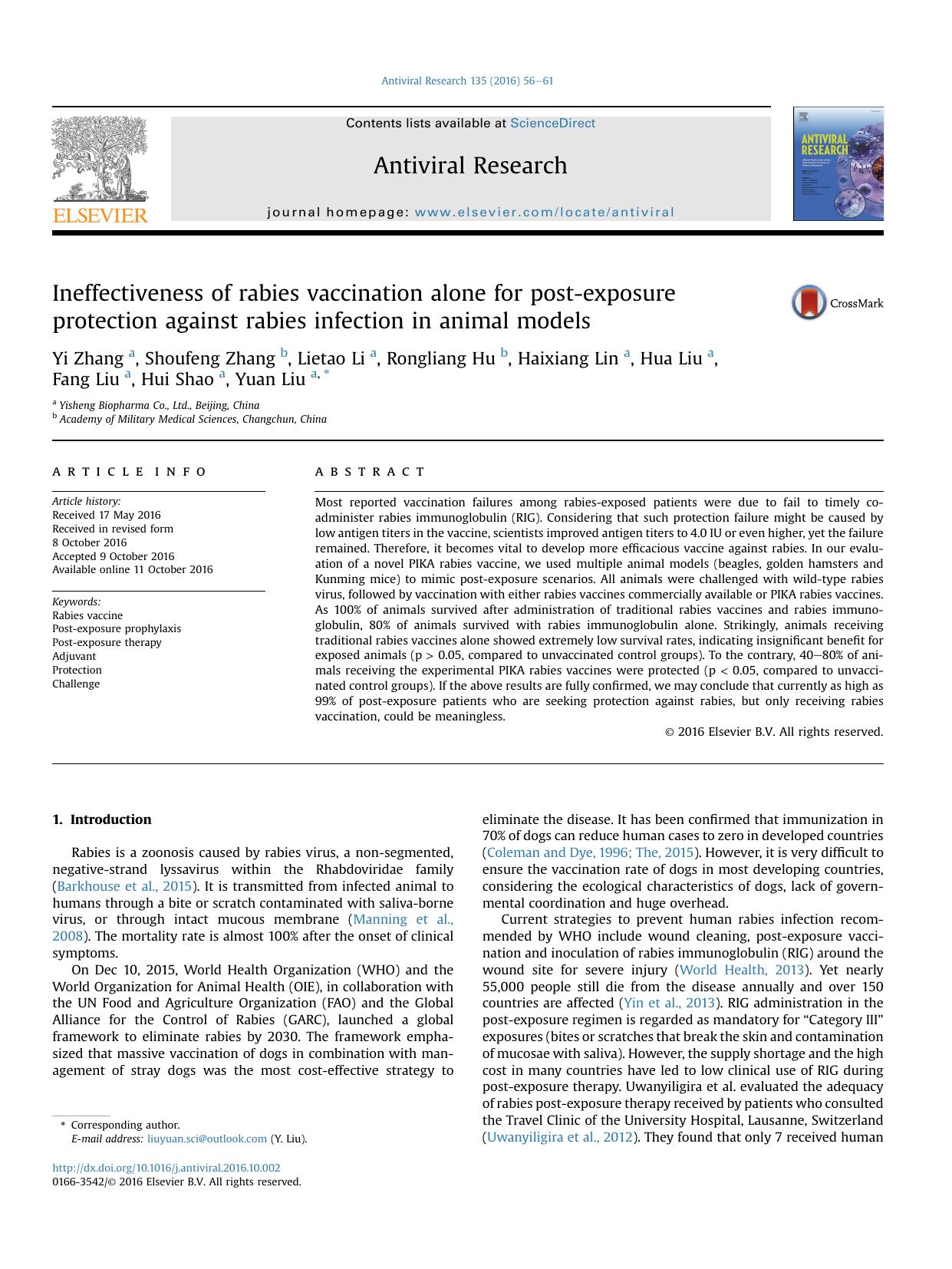Ineffectiveness of rabies vaccination alone for post-exposure protection against rabies infection in animal models by unknow