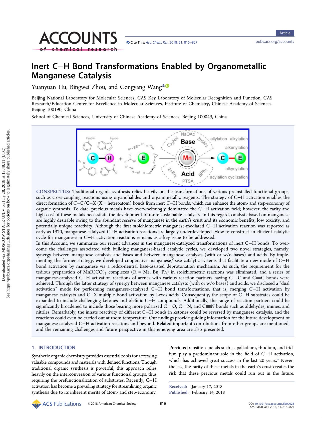 Inert CâH Bond Transformations Enabled by Organometallic Manganese Catalysis by Yuanyuan Hu Bingwei Zhou & Congyang Wang
