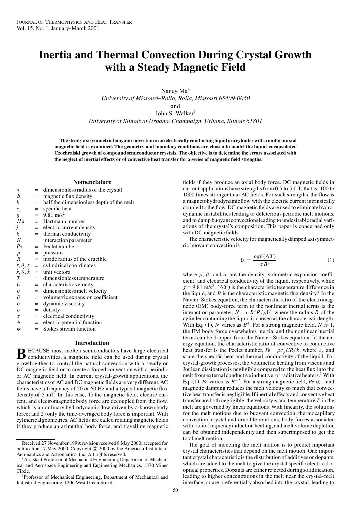 Inertia and Thermal Convection During Crystal Growth with a Steady Magnetic Field by Unknown
