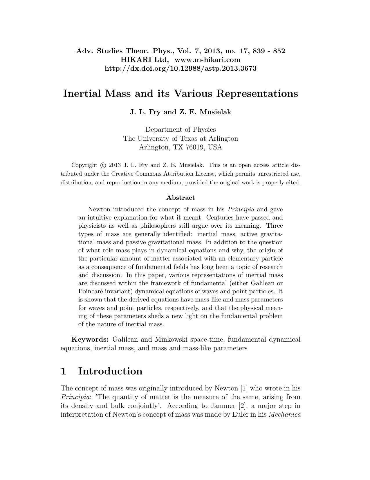 Inertial Mass and its Various Representations by Fry J.L. Musielak Z.E