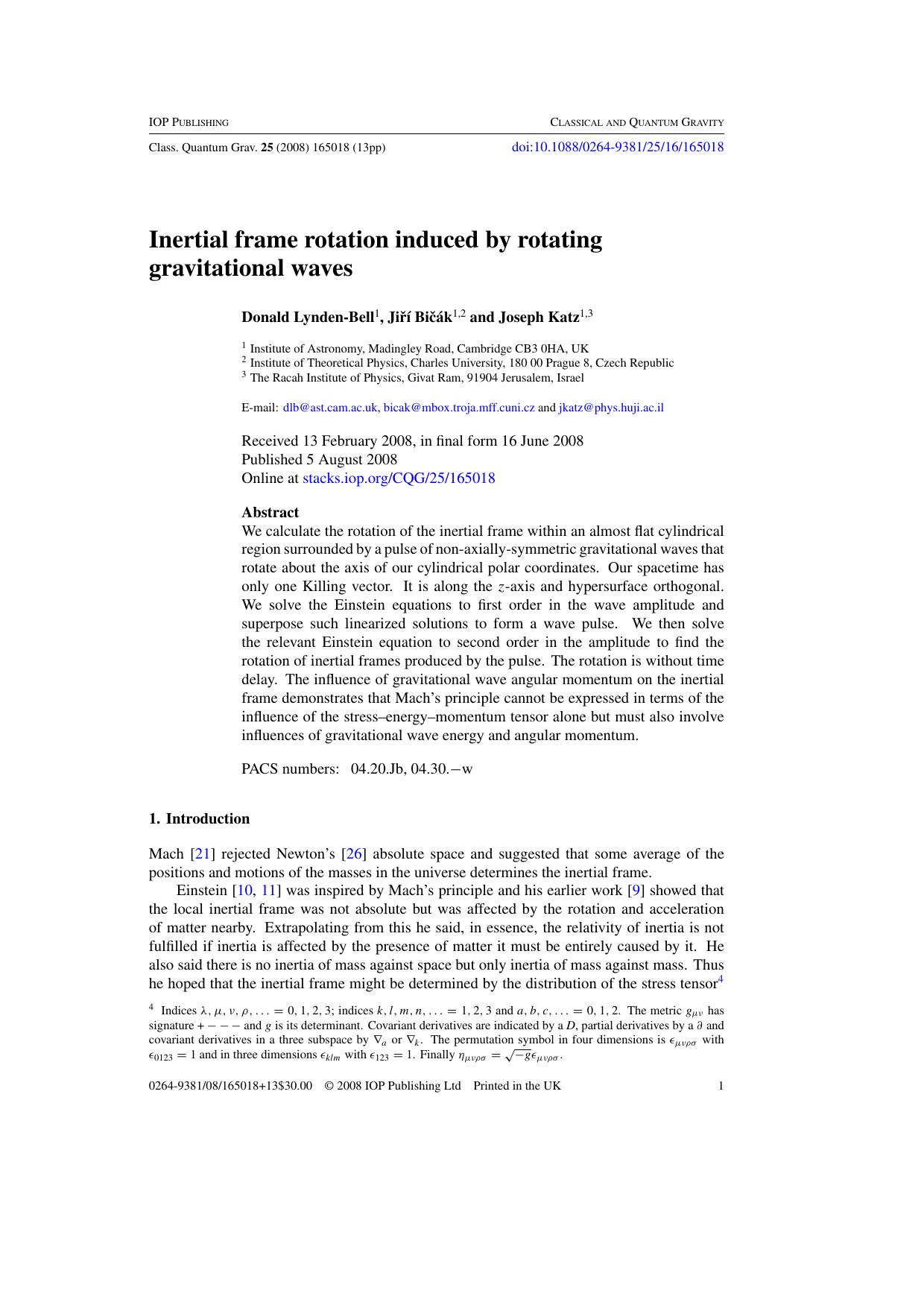 Inertial frame rotation induced by rotating gravitational waves by D Lynden-Bell et al