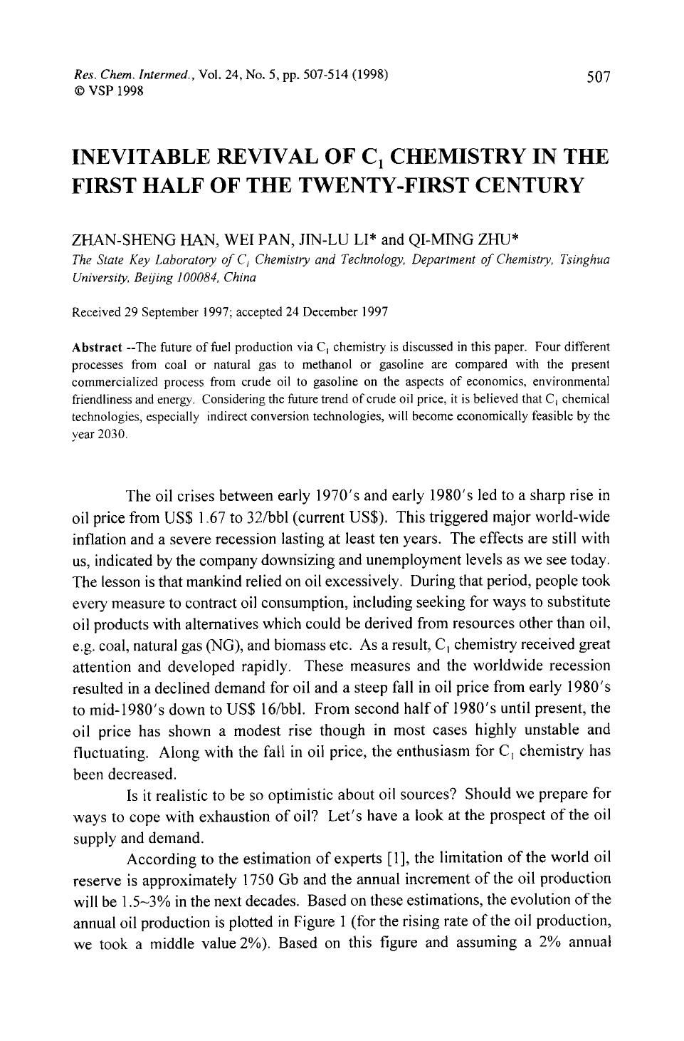 Inevitable revival of C <Subscript>1 <Subscript> chemistry in the first half of the twenty-first century by Unknown