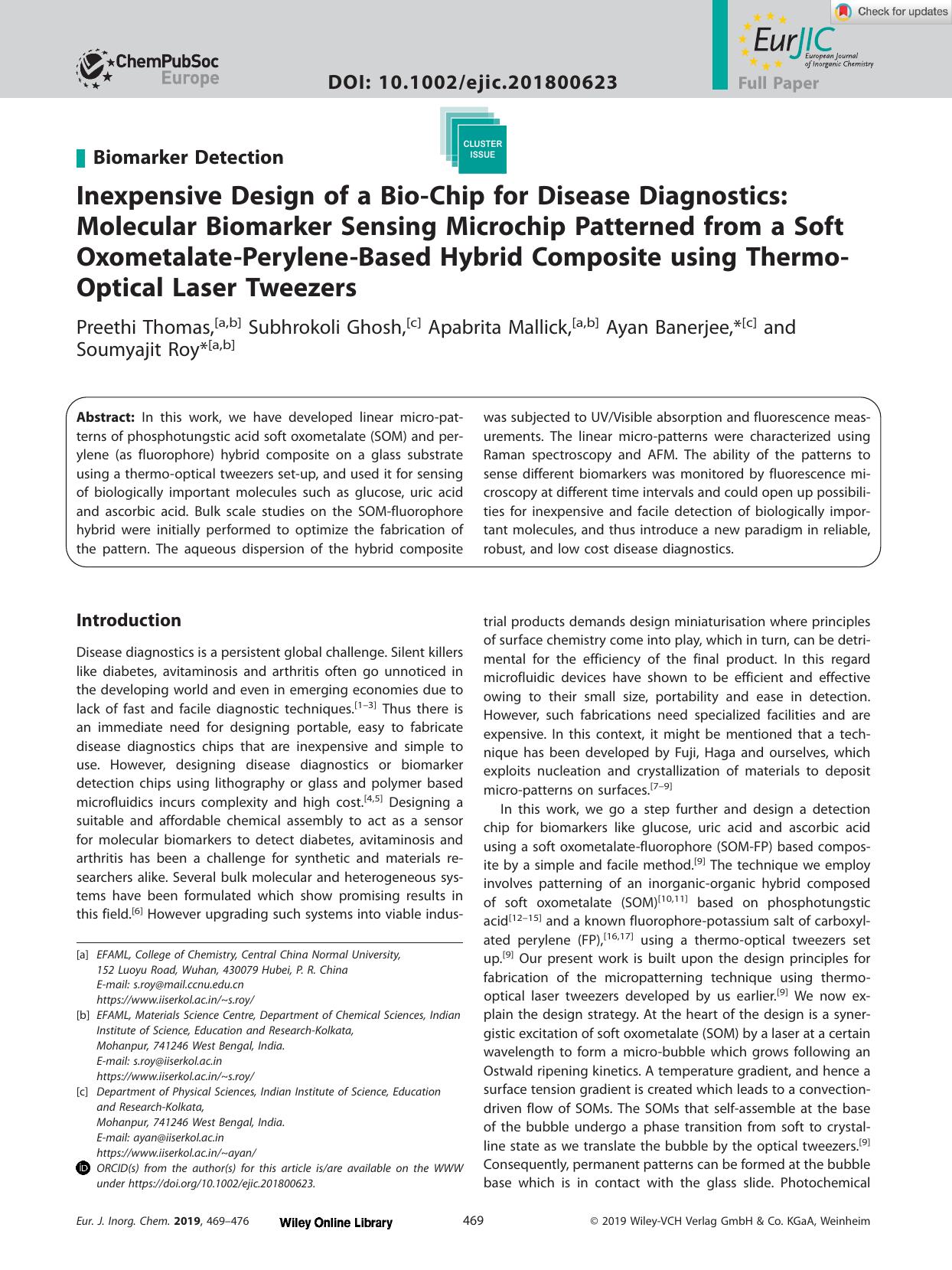Inexpensive Design of a BioâChip for Disease Diagnostics: Molecular Biomarker Sensing Microchip Patterned from a Soft OxometalateâPeryleneâBased Hybrid Composite using Thermo by Unknown
