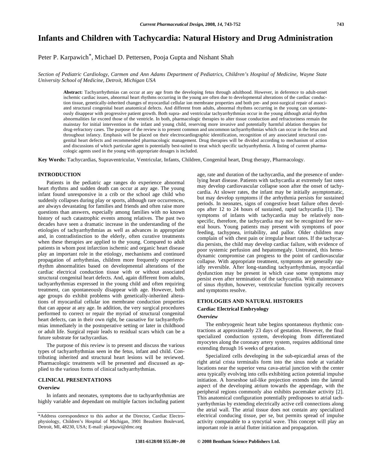 Infants and Children with Tachycardia: Natural History and Drug Administration by Peter P. Karpawich ; Michael D. Pettersen ; Pooja Gupta ; Nishant Shah