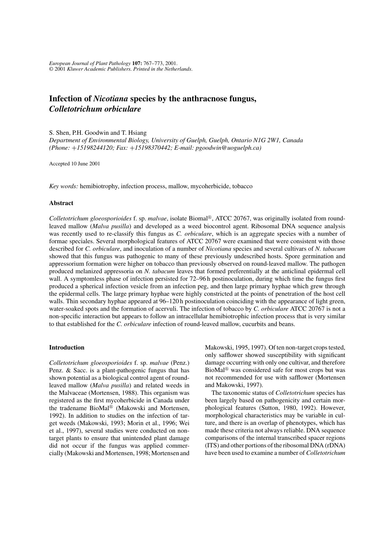 Infection of Nicotiana species by the anthracnose fungus, Colletotrichum orbiculare by Unknown