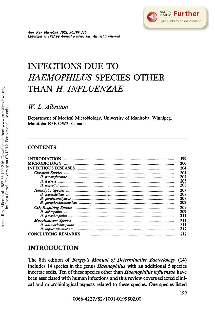 Infections due to Haemophilus Species other than H Influenzae by W L Albritton