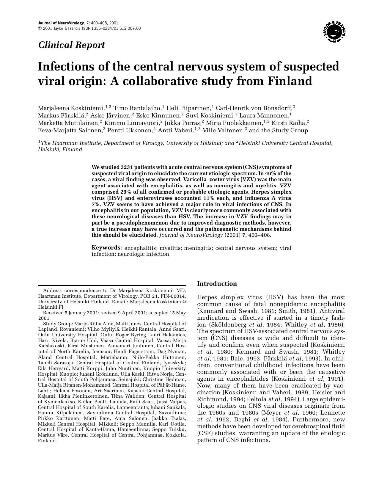 Infections of the central nervous system of suspected viral origin: A collaborative study from Finland by Unknown