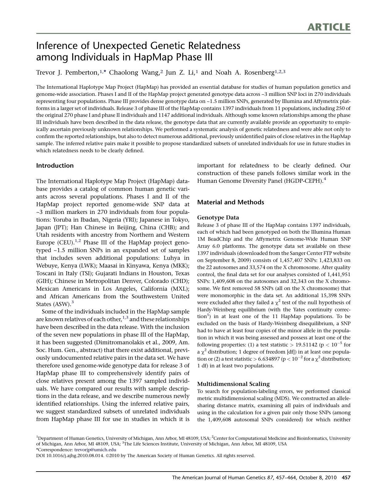 Inference of Unexpected Genetic Relatedness among Individuals in HapMap Phase III by Trevor J. Pemberton & Chaolong Wang & Jun Z. Li & Noah A. Rosenberg