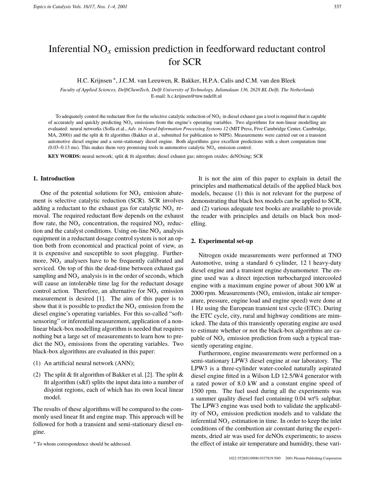 Inferential NO<Emphasis Type="Italic">x<Emphasis> Emission Prediction in Feedforward Reductant Control for SCR by Unknown