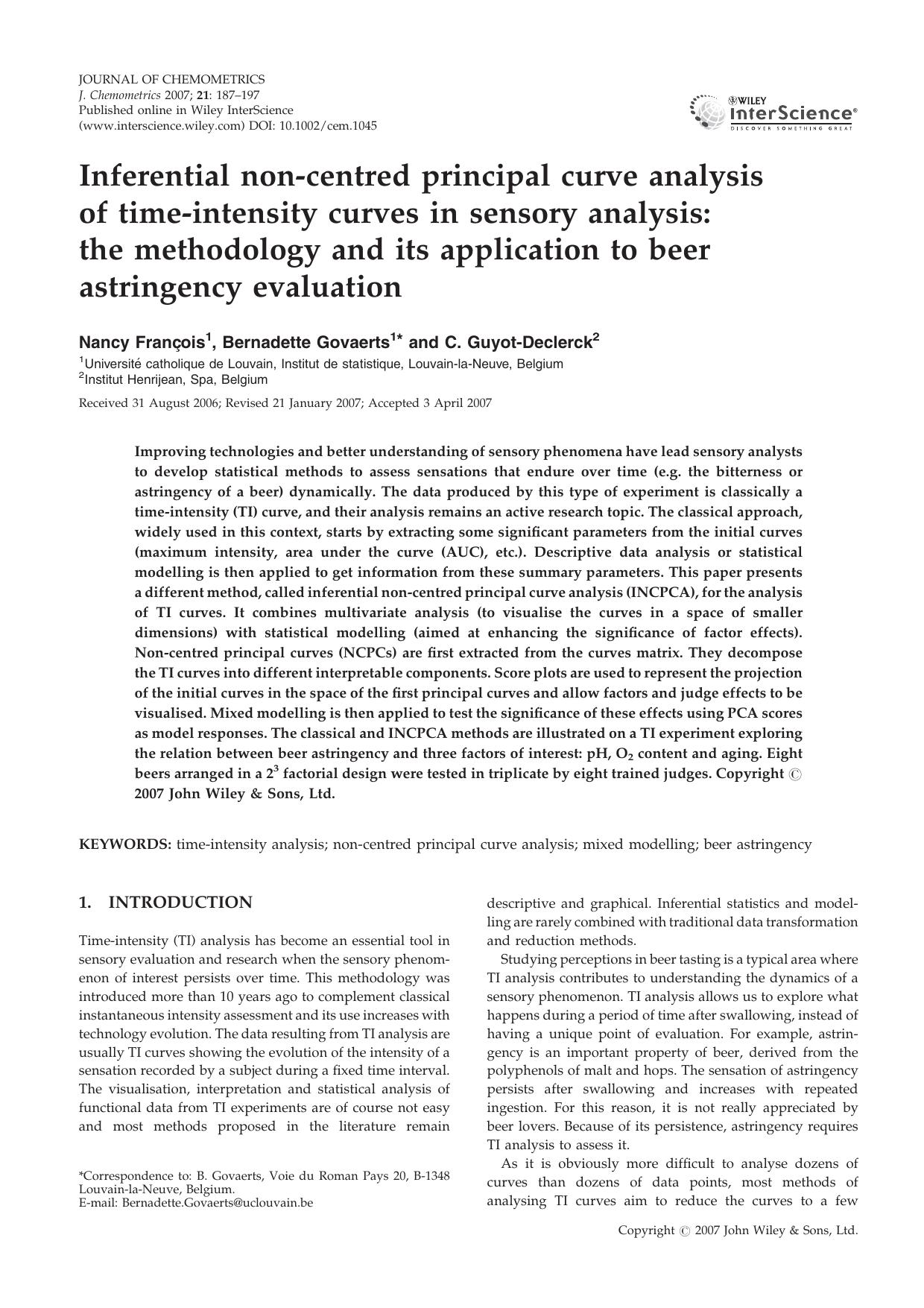 Inferential non-centred principal curve analysis of time-intensity curves in sensory analysis: the methodology and its application to beer astringency evaluation by Unknown