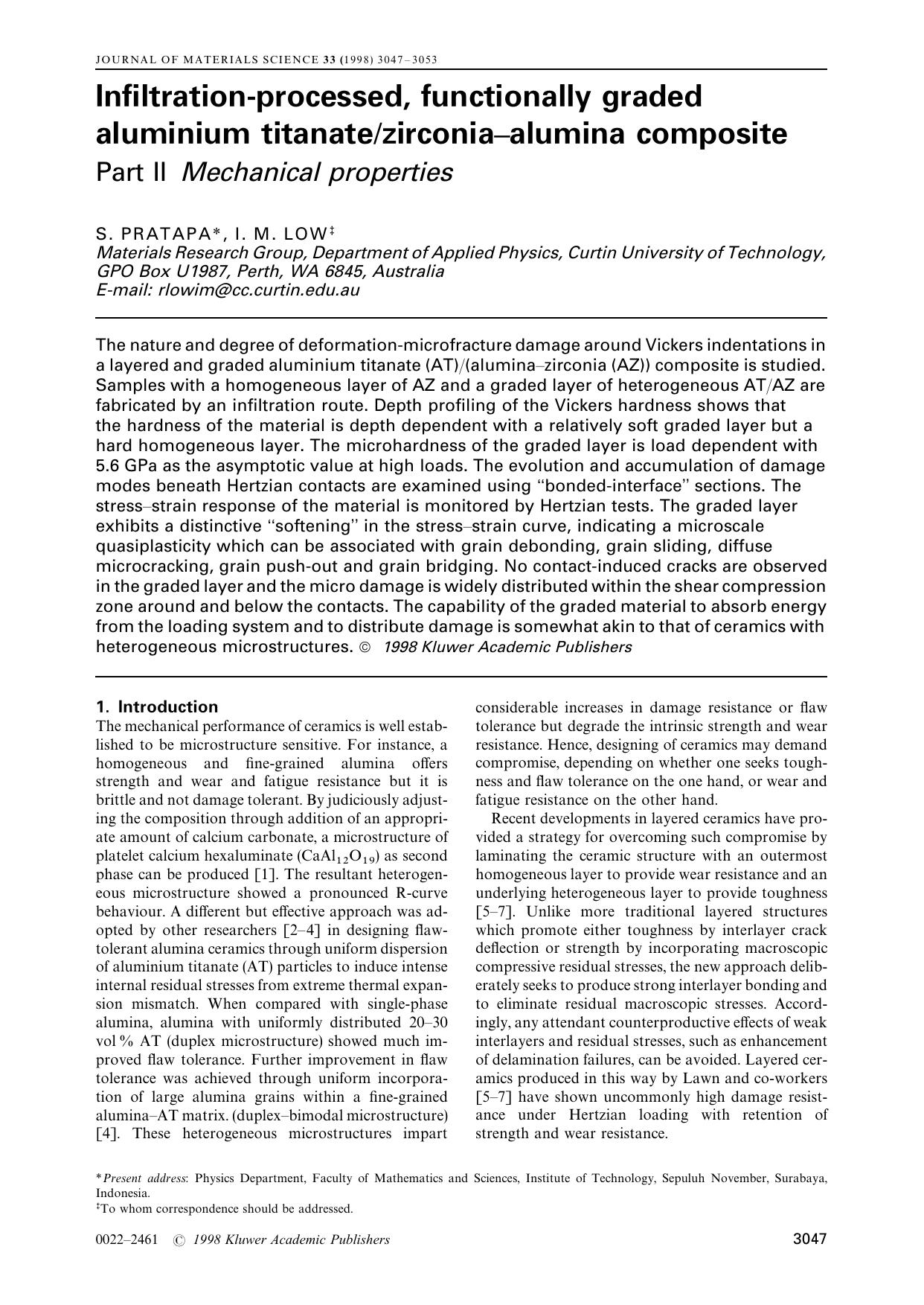 Infiltration-processed, functionally graded aluminium titanatezirconia–alumina compositePart II Mechanical properties by Unknown