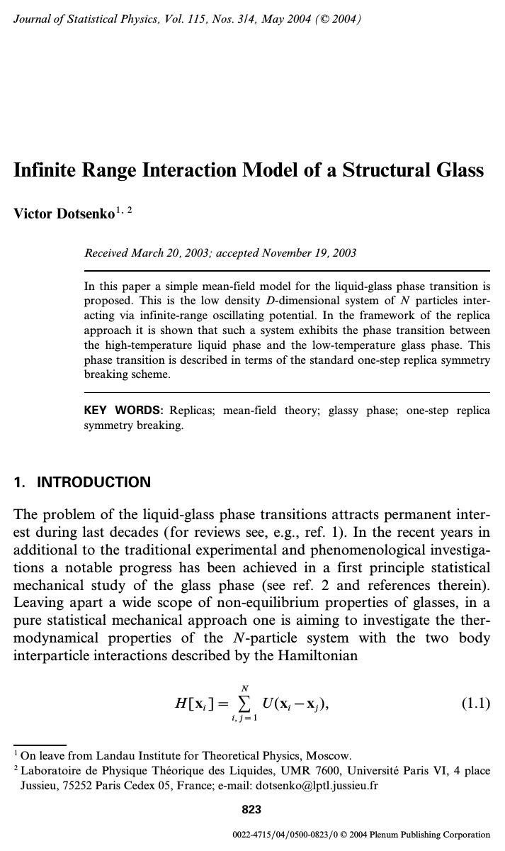 Infinite Range Interaction Model of a Structural Glass by Unknown