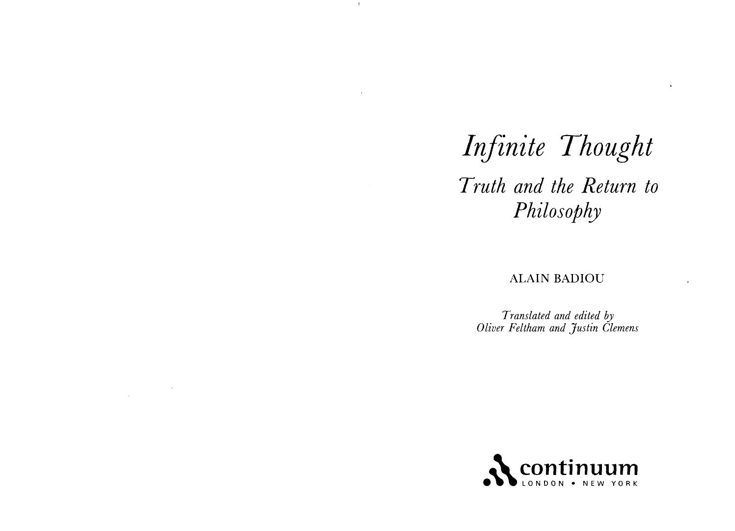 Infinite Thought Truth And The Return To Philosophy by Unknown