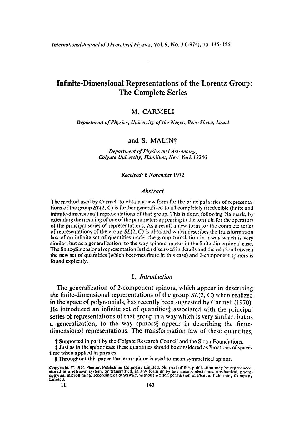 Infinite-dimensional representations of the Lsorentz group: The complete series by Unknown