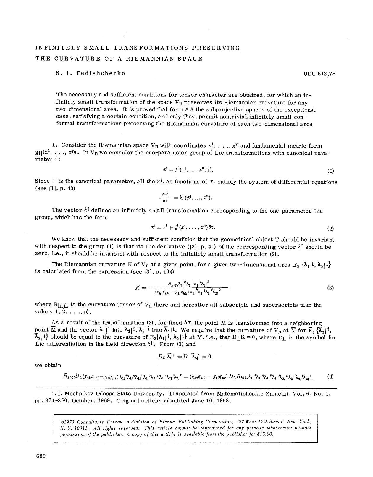 Infinitely small transformations preserving the curvature of a Riemannian space by Unknown