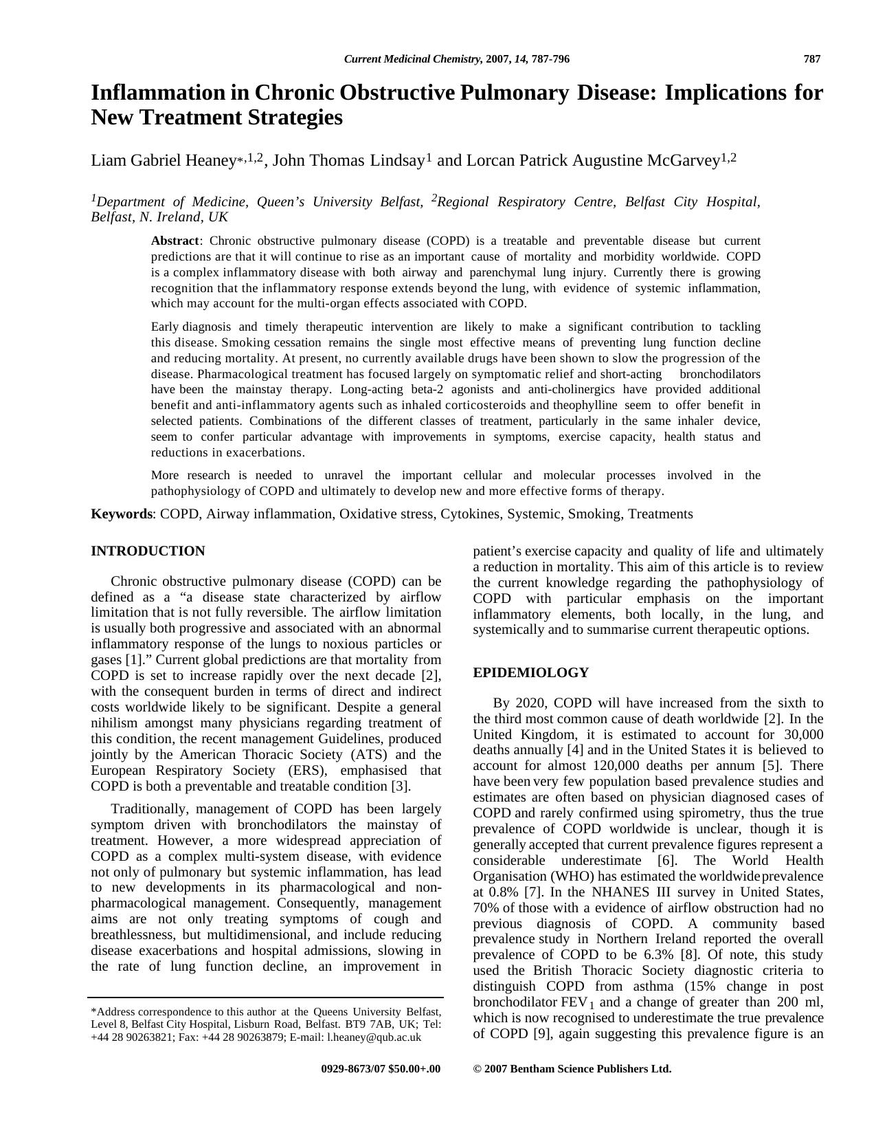Inflammation in Chronic Obstructive Pulmonary Disease: Implications for New Treatment Strategies by Liam Gabriel Heaney ; John Thomas Lindsay ; Lorcan Patrick Augustine McGarvey