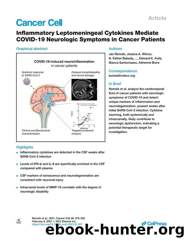 Inflammatory Leptomeningeal Cytokines Mediate COVID-19 Neurologic Symptoms in Cancer Patients by unknow