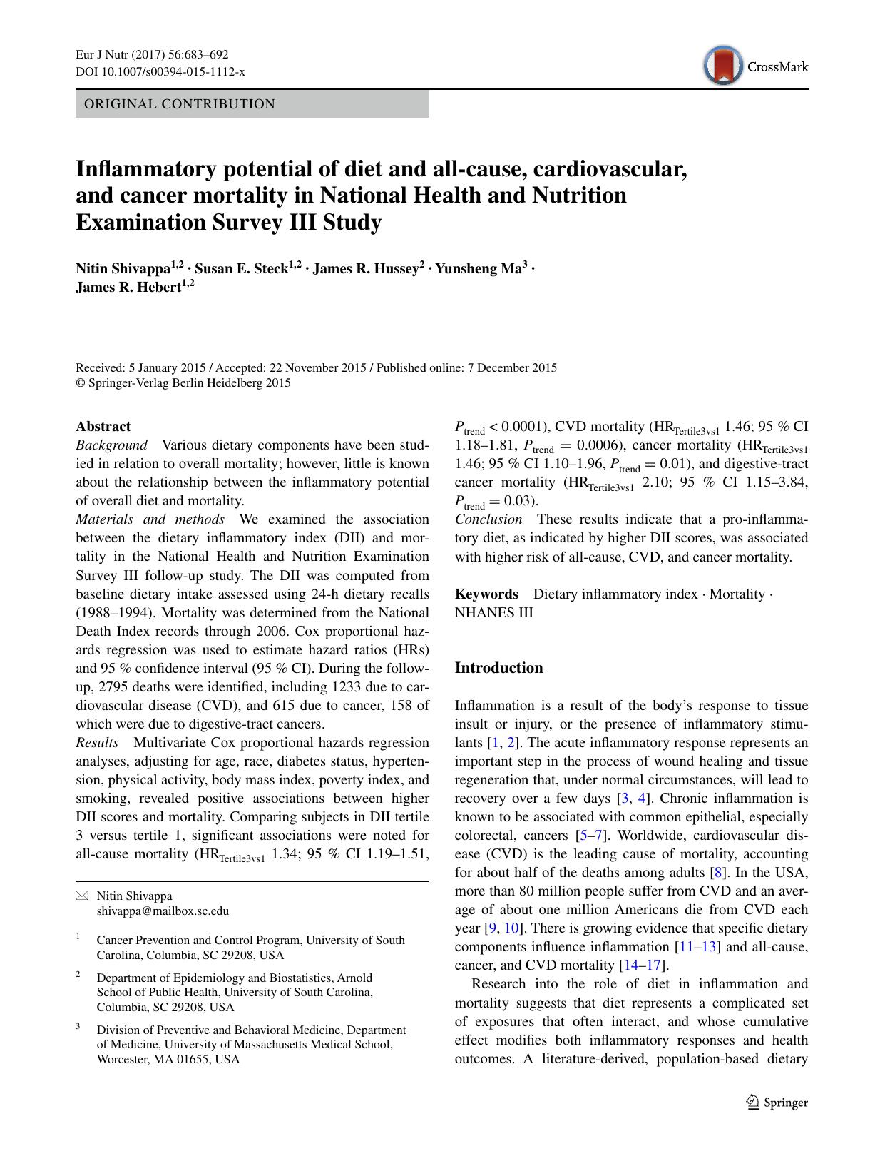 Inflammatory potential of diet and all-cause, cardiovascular, and cancer mortality in National Health and Nutrition Examination Survey III Study by Nitin Shivappa & Susan E. Steck & James R. Hussey & Yunsheng Ma & James R. Hebert