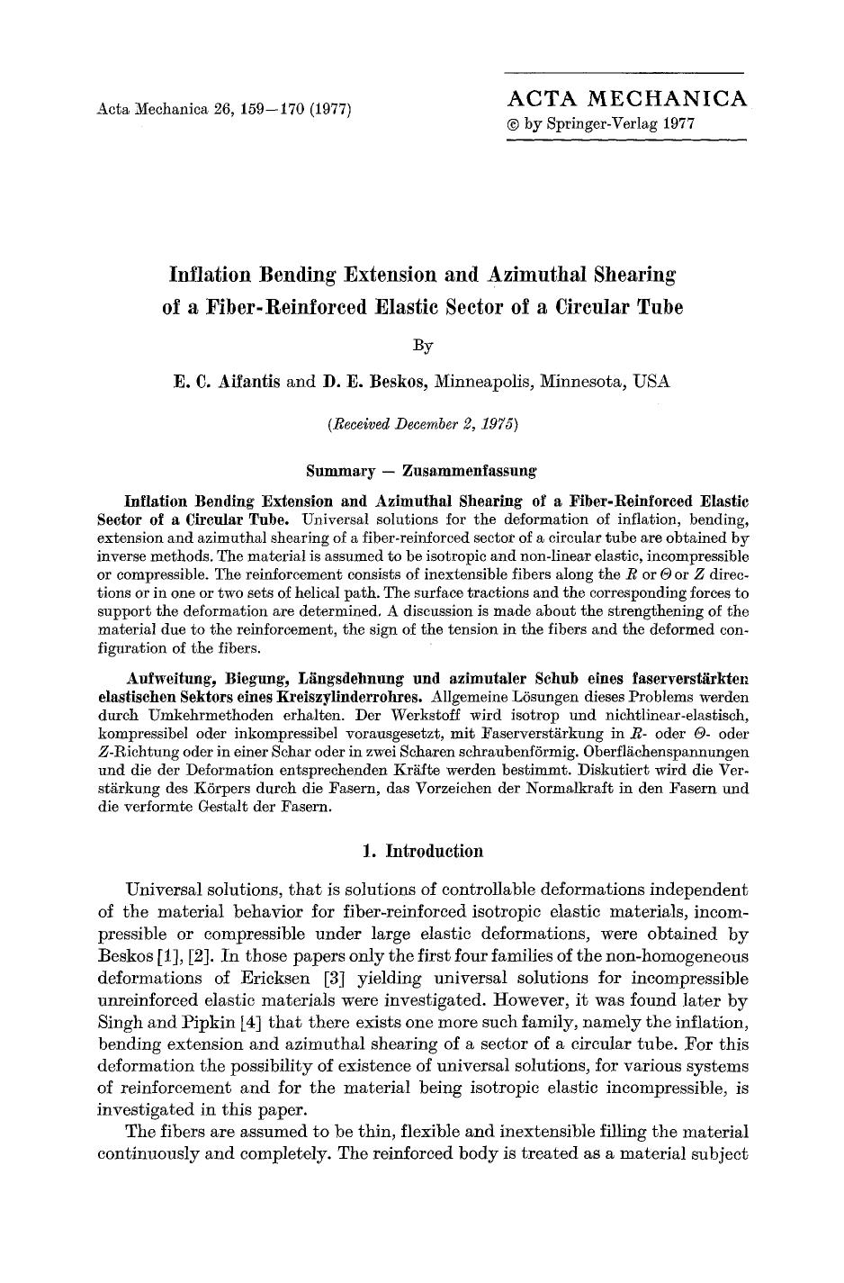 Inflation bending extension and azimuthal shearing of a fiber-reinforced elastic sector of a circular tube by Unknown
