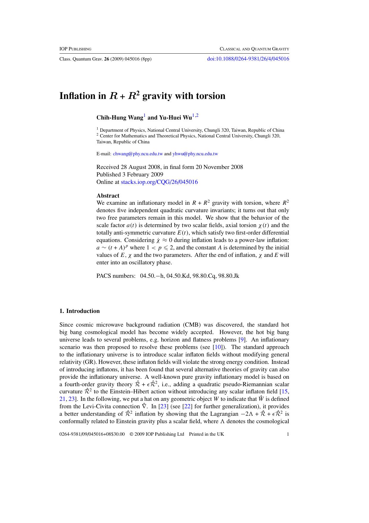 Inflation in R + R^2 gravity with torsion by C-H Wang and Y-H Wu