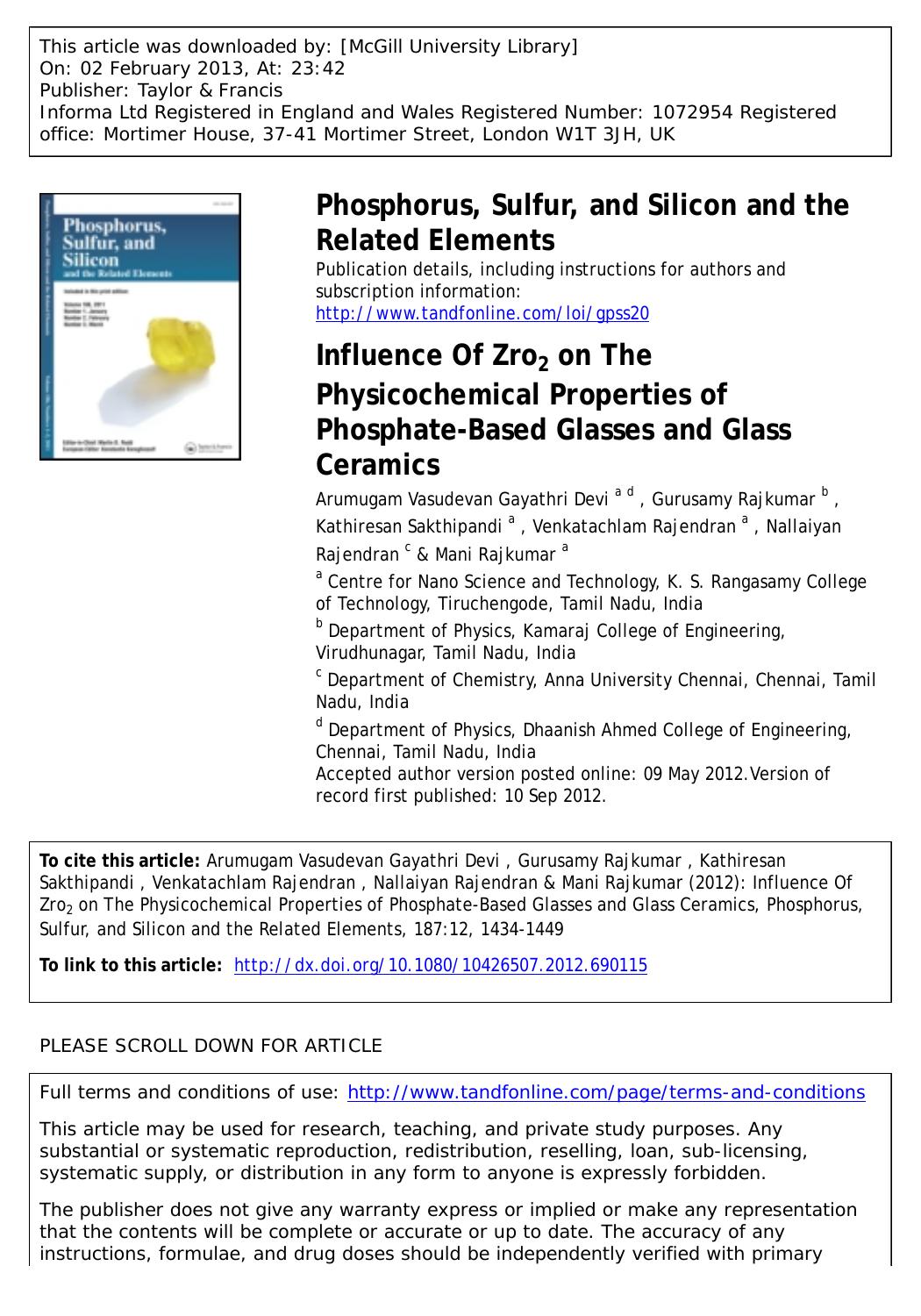 Influence Of Zro2 on The Physicochemical Properties of Phosphate-Based Glasses and Glass Ceramics by unknow