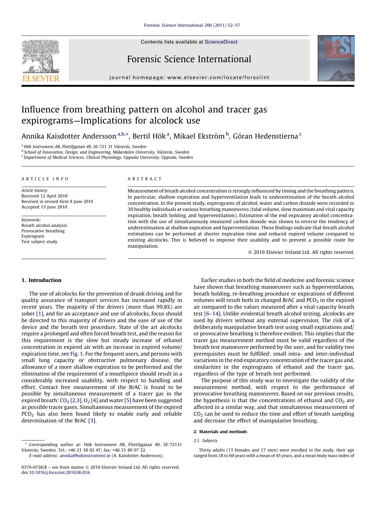Influence from breathing pattern on alcohol and tracer gas expirogramsÃ¢â¬âImplications for alcolock use by Annika Kaisdotter Andersson
