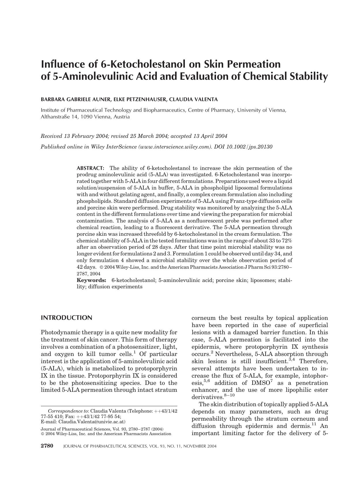 Influence of 6-ketocholestanol on skin permeation of 5-aminolevulinic acid and evaluation of chemical stability by Unknown
