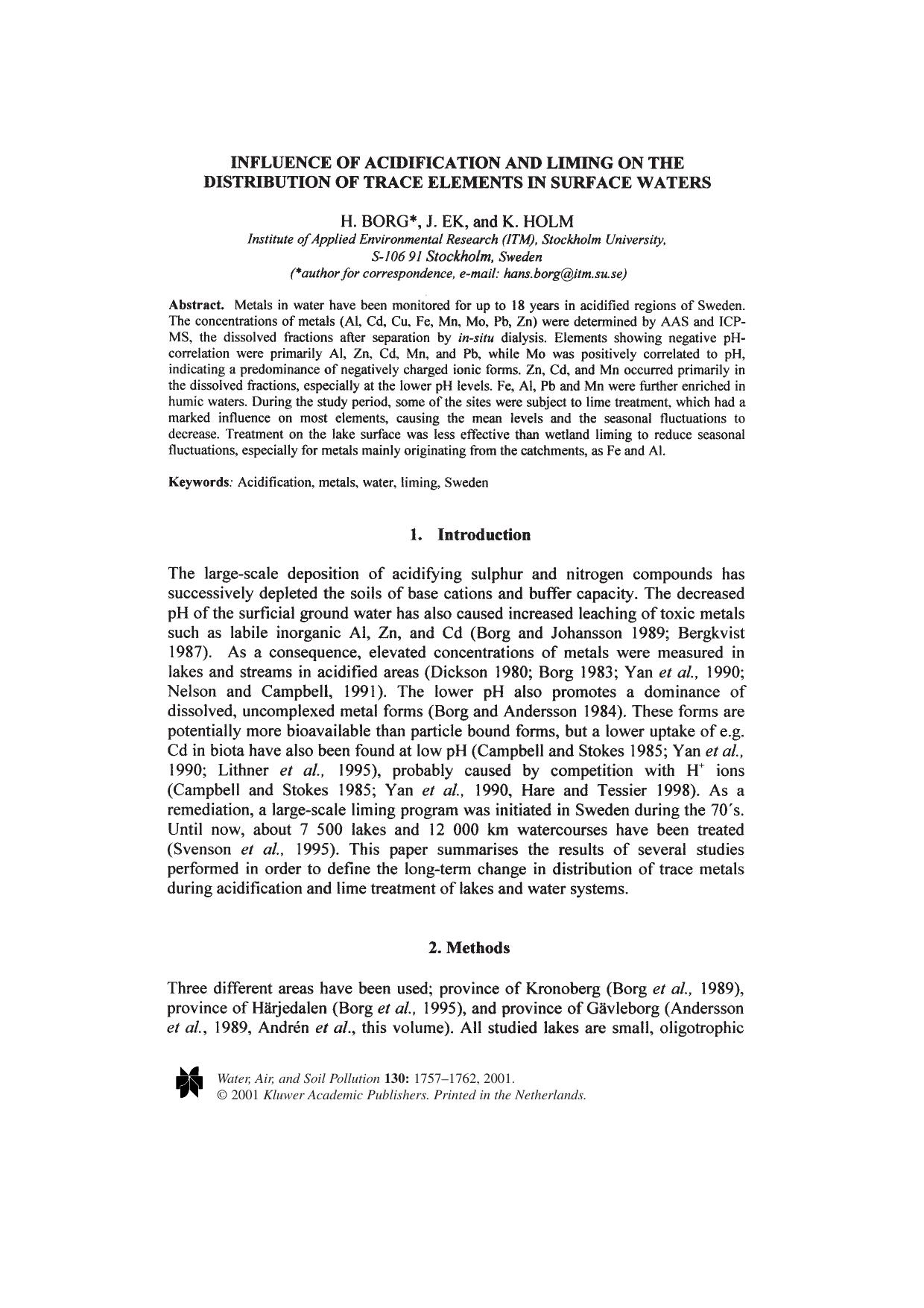 Influence of Acidification and Liming on the Distribution of Trace Elements in Surface Waters by Unknown