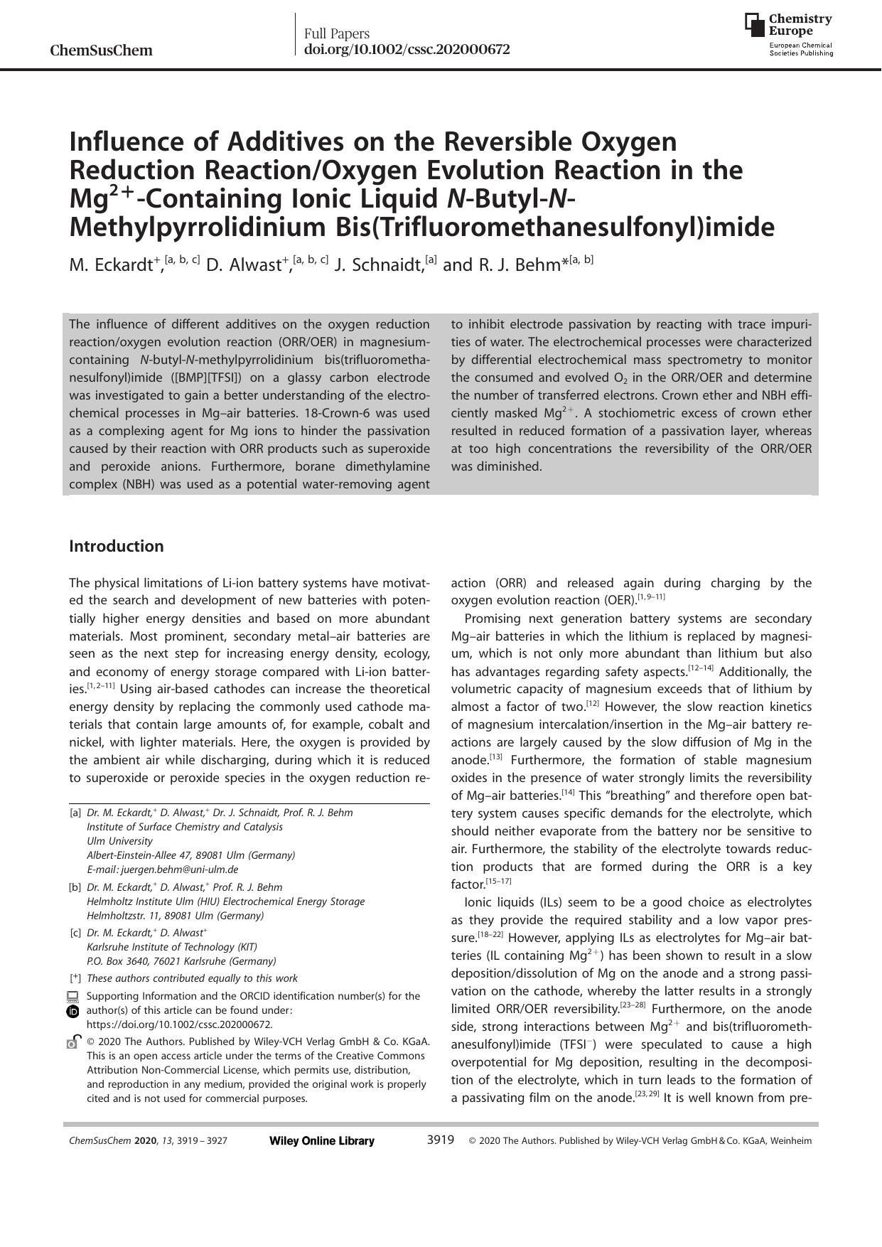 Influence of Additives on the Reversible Oxygen Reduction ReactionOxygen Evolution Reaction in the Mg2+âContaining Ionic Liquid NâButylâNâMethylpyrrolidinium Bis(Trifluoromethanesulfonyl)imide by Unknown