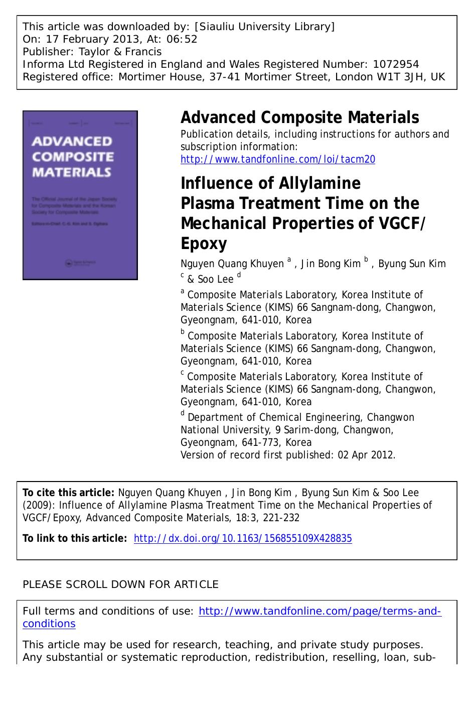 Influence of Allylamine Plasma Treatment Time on the Mechanical Properties of VGCFEpoxy by Nguyen Quang Khuyen Jin Bong Kim Byung Sun Kim & Soo Lee