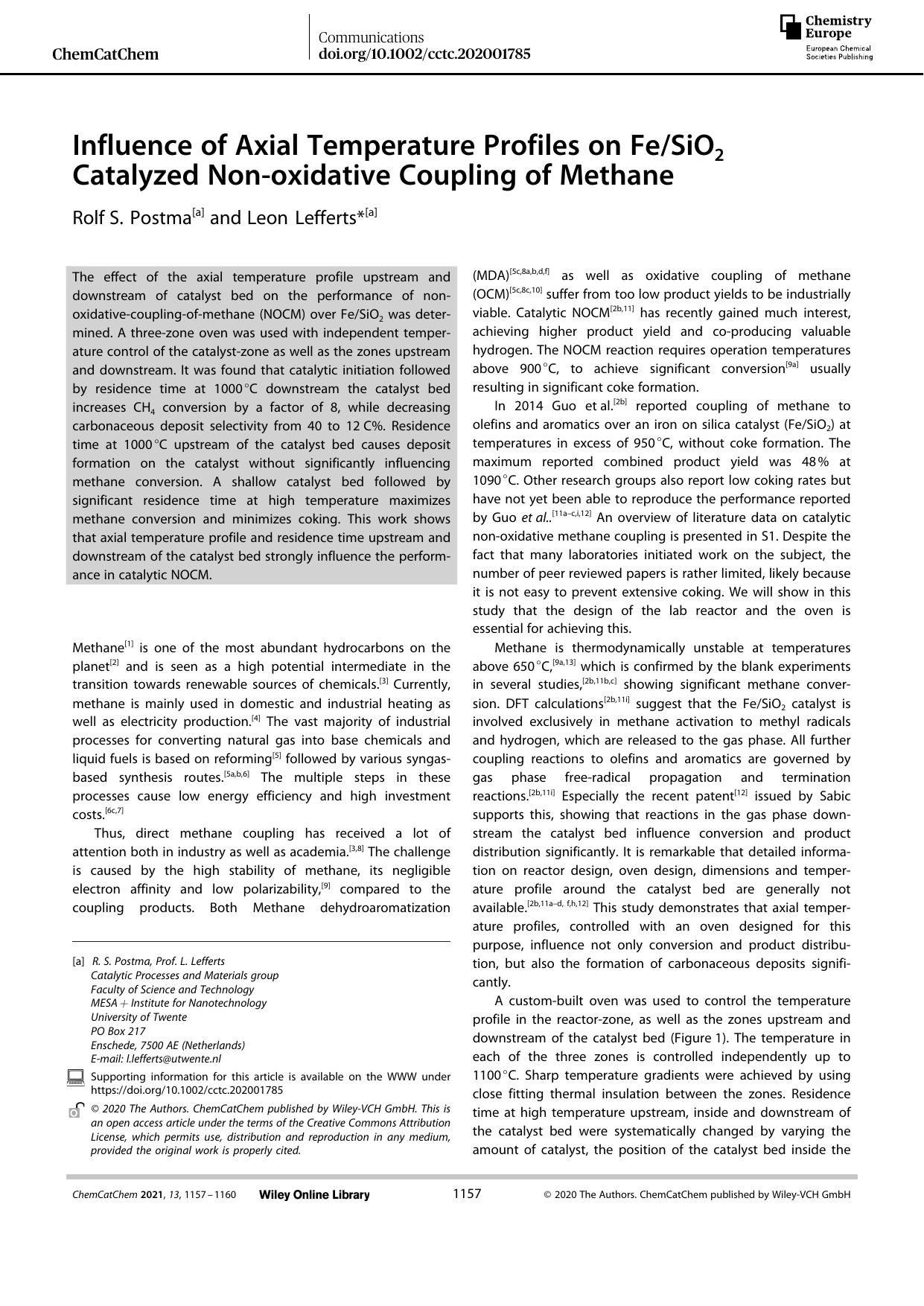 Influence of Axial Temperature Profiles on FeSiO2 Catalyzed Nonâoxidative Coupling of Methane by Unknown