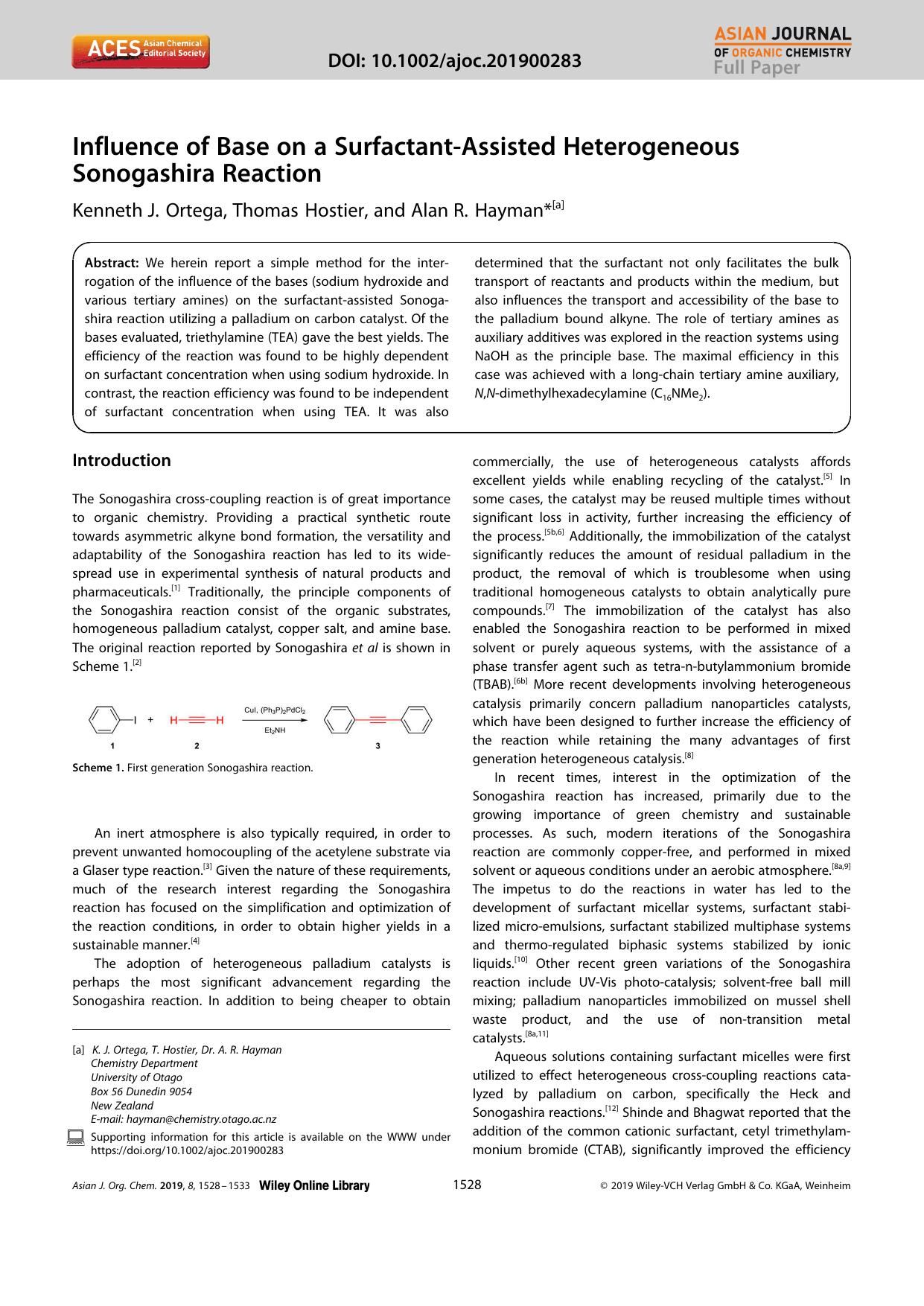Influence of Base on a SurfactantâAssisted Heterogeneous Sonogashira Reaction by Unknown