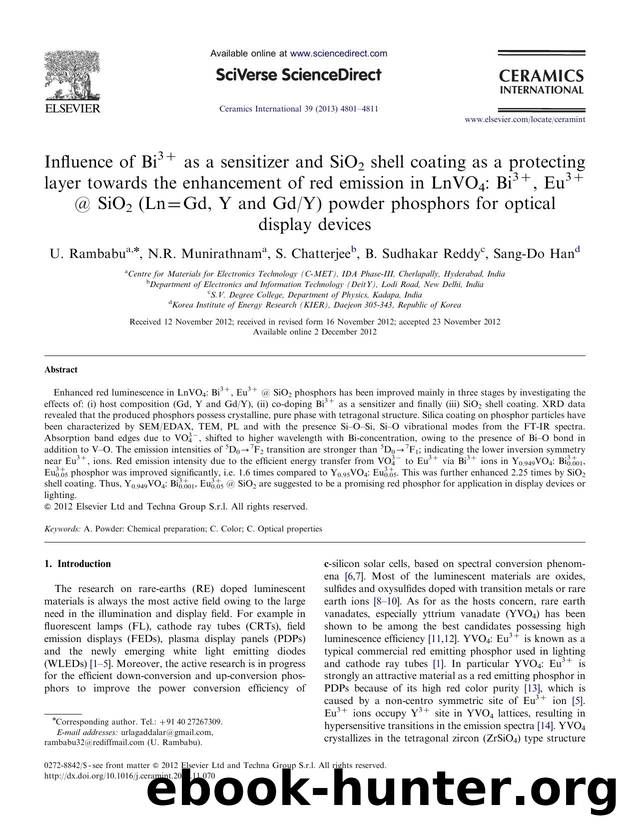 Influence of Bi3+ as a sensitizer and SiO2 shell coating as a protecting layer towards the enhancement of red emission in LnVO4 Bi3+, Eu3+ @ SiO2 (Ln=Gd, Y and GdY) powder phosphor by U. Rambabu & N.R. Munirathnam & S. Chatterjee & B. Sudhakar Reddy & Sang-Do Han