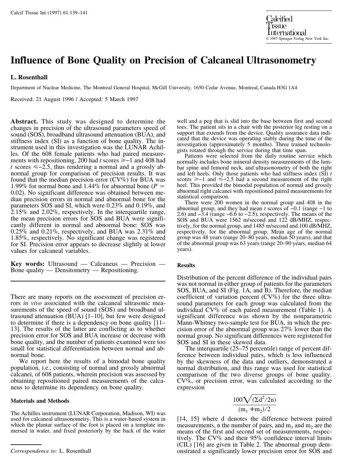Influence of Bone Quality on Precision of Calcaneal Ultrasonometry by Rosenthall L