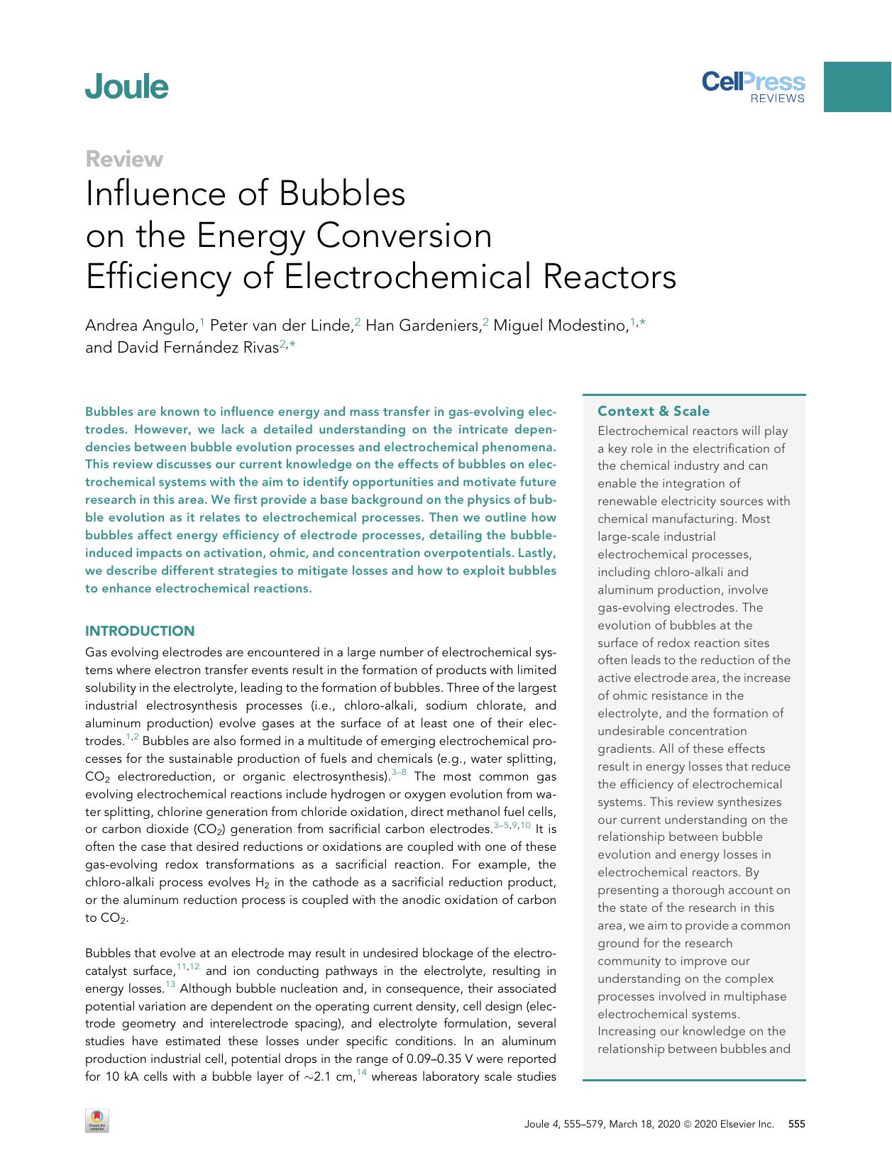 Influence of Bubbles on the Energy Conversion Efficiency of Electrochemical Reactors by Andrea Angulo & Peter van der Linde & Han Gardeniers & Miguel Modestino & David Fernández Rivas